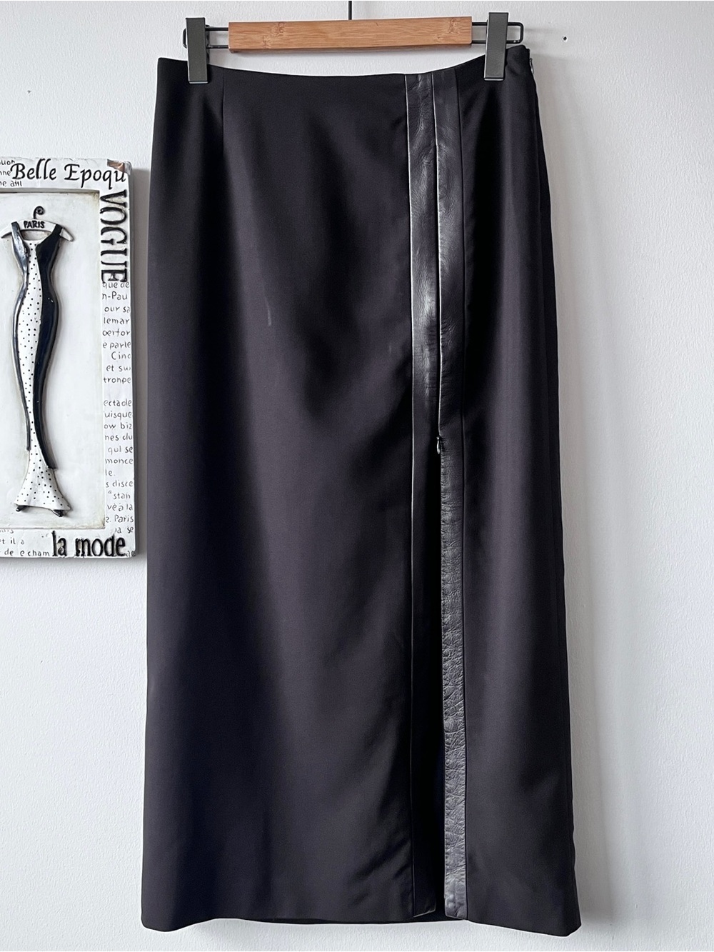 Vintage Dana Buchman Brown Chic Wool Midi Skirt with Leather-Trim Size 6